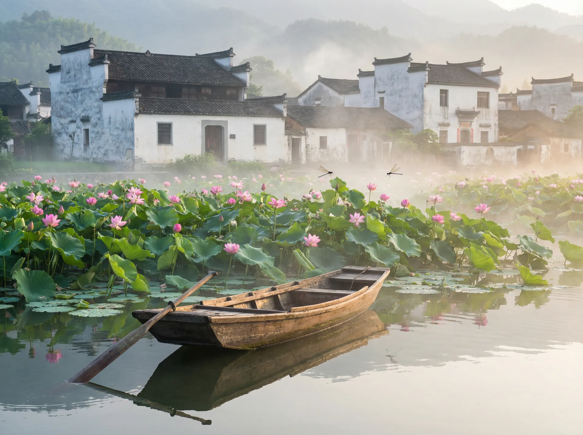 清晨荷塘小舟，粉色荷花盛开，白墙黑瓦的村庄 - 枪与假面 水乡风情